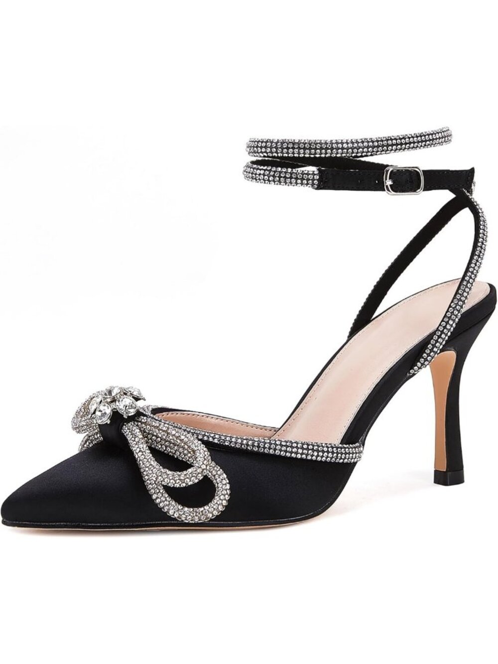 Elegant Double Bow Pointed Toe Ankle Strap Crystal Pumps for Weddings & Parties